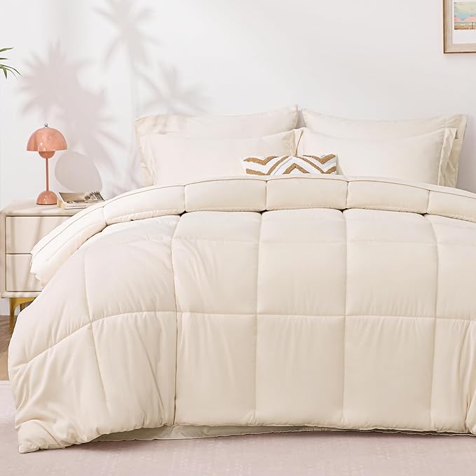 Love's cabin King Size Comforter Set Beige, 7 Pieces King Bed in a Bag, All Season Bedding Sets with 1 Comforter, 1 Flat Sheet, 1 Fitted Sheet, 2 Pillowcase and 2 Pillow Sham | Soft, Breathable, Lightweight, Comfortable