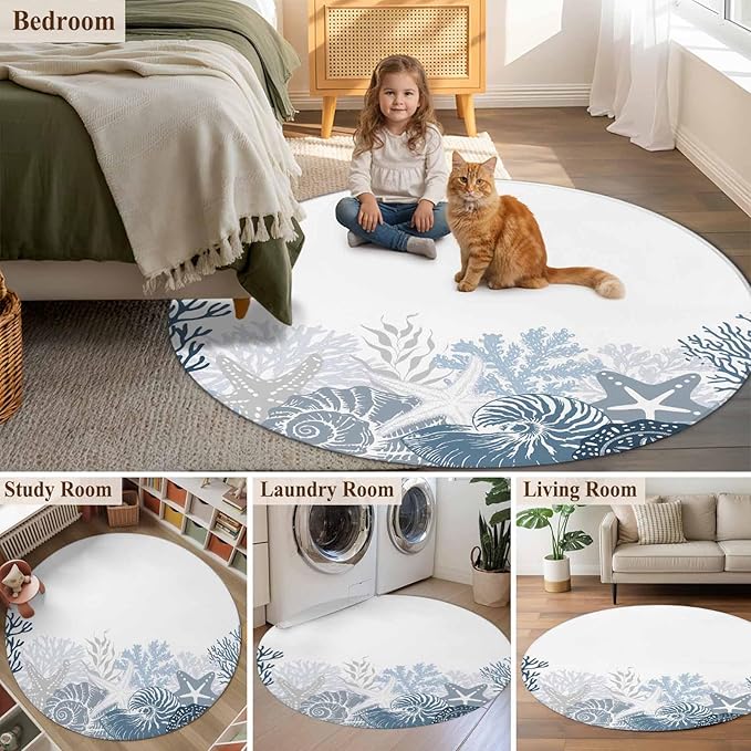 Washable Round Area Rug Underwater Blue Shells Starfish Coral Circle Rugs Floor Carpet for Living Room Bedroom, Summer Botantical Soft Non Slip Round Rug 3ft