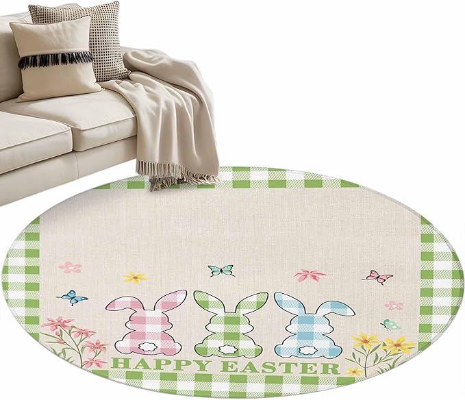 Washable Round Area Rug Happy Easter Bunny Shadow Flowers Circle Rugs Floor Carpet for Living Room Bedroom, Retro Linen Cotton and Grid Soft Non Slip Round Rug 4ft