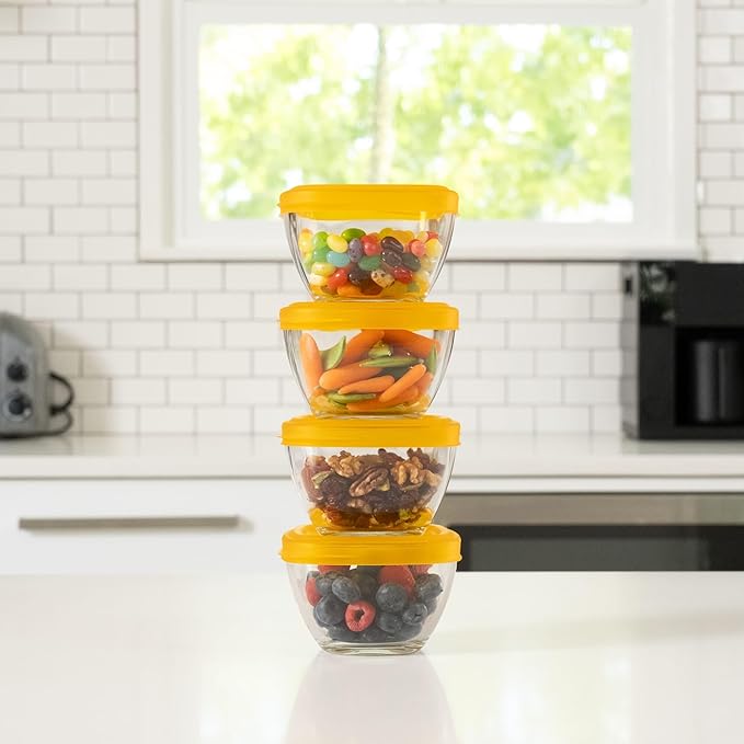 Libbey Serve It 16 Piece 2 Cup Glass Storage Bowl Container Set with Yellow Plastic Lids