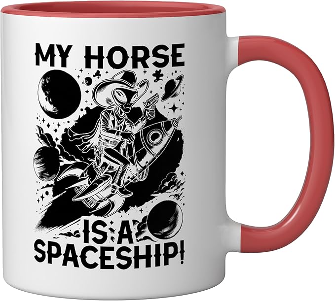 Alien Lover Flying Saucer UFO Extraterrestrial Cowboy Ceramic Mug, Red/White
