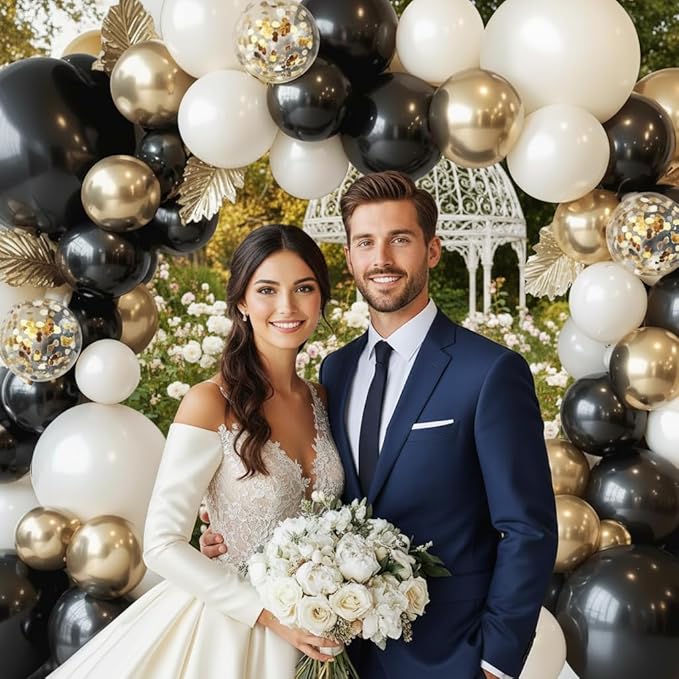 Black and Gold Balloon Arch Garland Kit 150pcs 2026 New Year's, Double Stuffed Pearl Sand White Black Chrome Gold Balloons Arch Kit for Graduation Father's Day Birthday Party Decoration