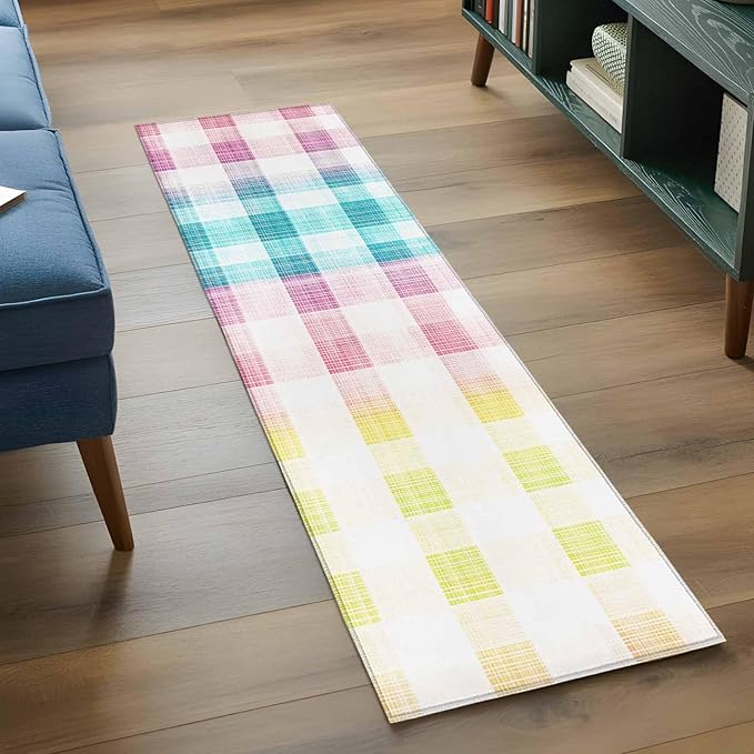 Runner Rug for Bedroom Hallway, Easter Red Yellow Blue Stripes Kitchen Runner Rugs Area Rug 2x6ft, Abstract Buffalo Plaid Washable Soft Floor Carpet for Entryway Stair