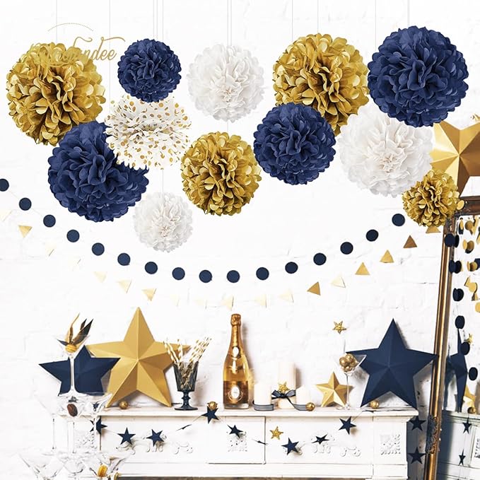 NICROLANDEE Wedding Party Decorations - 12 PCS Navy Blue and Gold Tissue Paper Pom Poms for Colleage Graduation, Baby&Bridal Shower, Birthday, Bachelorette Party, Engagement Party, Anniversary Party