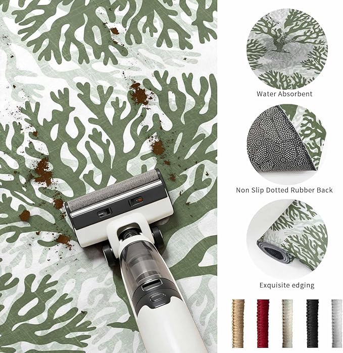 Runner Rug for Bedroom Hallway, Deep Forest Green Corals Kitchen Runner Rugs Area Rug 2x6ft, Retro Marine Life Washable Soft Floor Carpet for Entryway Stair