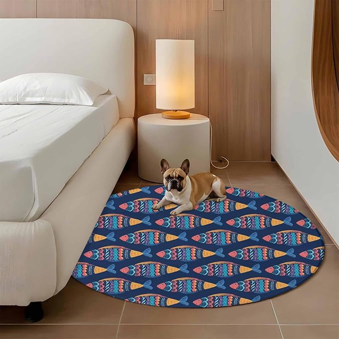 Washable Round Area Rug Ethnic Style Ocean Fish Circle Rugs Floor Carpet for Living Room Bedroom, Watercolor Marine Life on Navy Blue Soft Non Slip Round Rug 3ft