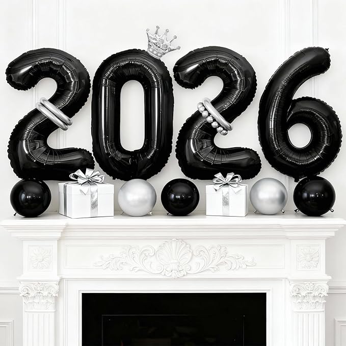 2026 Balloons Black,40 Inch 2026 Number Balloons with Foil Crown Balloons for Happy New Year Decorations New Years Eve 2026 Graduation Decorations Class of 2026 Party Supplies
