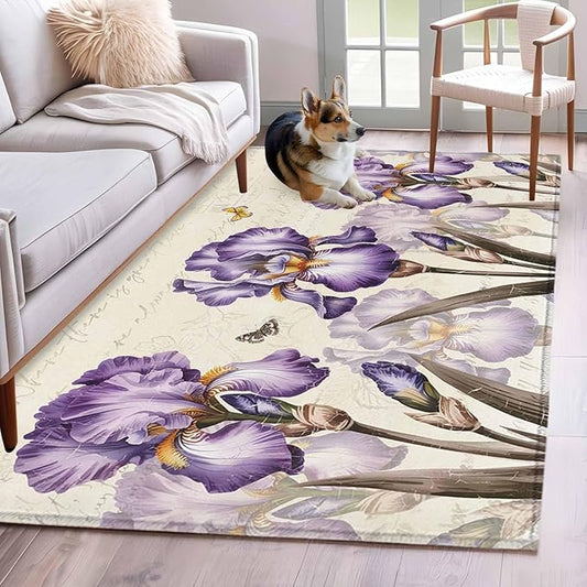 Area Rug 4x6ft, Pastoral Purple Flower Watercolor Washable Rugs for Living Room Bedroom, Country Botanical Butterflies Soft Non-Slip Area Rugs Rectangle Floor Carpet for Dining Room