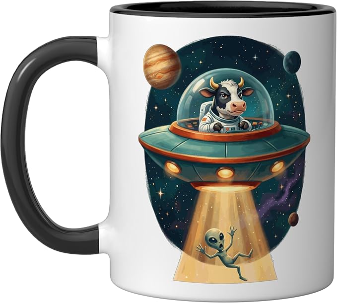 Funny Cow Astronaut UFO Abducting Alien Space Graphic Ceramic Mug, Black/White