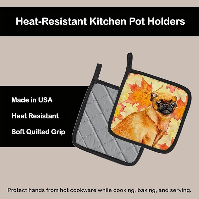 Caroline's Treasures BB9928PTHD Small Brabant Griffon Fall Pair of Pot Holders, Yellow Kitchen Heat Resistant Pot Holders Sets Oven Hot Pads for Cooking Baking BBQ, 7 1/2 x 7 1/2