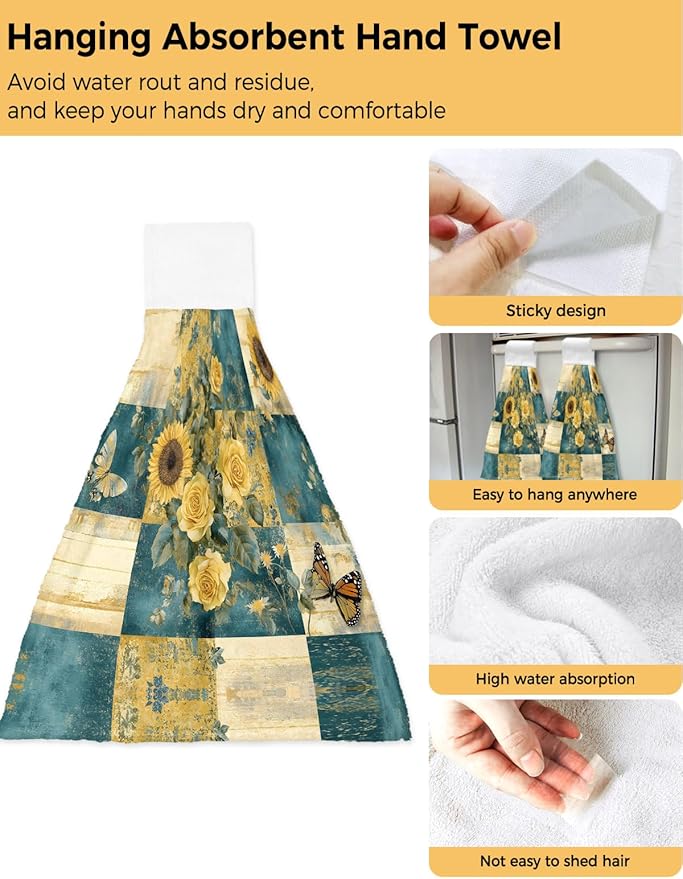Alandar Home Kitchen Tie Towel Set of 1, Farm Sunflower Rose Butterfly Absorbent Soft Hand Towels for Bathroom Hanging Towels, Vintage Floral on Plaid Fast Drying Cleaning Cloth with Loop