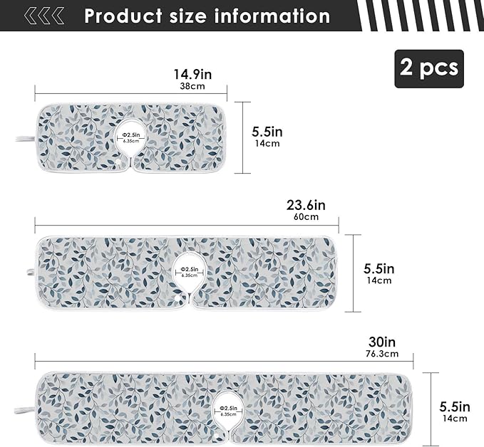 Kitchen Faucet Absorbent Mat,Green Gray Leaf Water Splash Guard for Sink, Faucet Drip Catcher Thicken Sponge Microfiber Faucet Water Catcher Mat Sink Absorbent Mat for Kitchen 23x5in 2 Pack