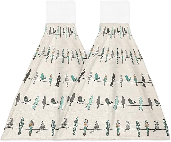 Alandar Home Kitchen Tie Towel Set of 2, Buffalo Check Floral Texture Bird Animal Absorbent Soft Hand Towels for Bathroom Hanging Towels, Vintage Burlap Cotton Fast Drying Cleaning Cloth with Loop