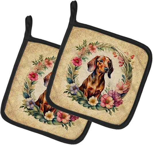 Caroline's Treasures Dachshund and Flowers Pair of Pot Holders Kitchen Heat Resistant Pot Holders Sets Oven Hot Pads for Cooking Baking BBQ, 7 1/2 x 7 1/2