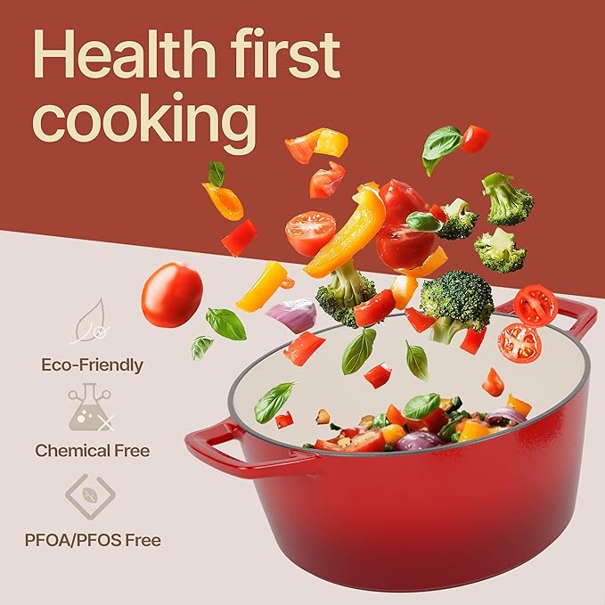 Bakken Enameled Cast Iron Dutch Oven Pot, 6QT Dutch Oven for Bread Baking, Braising & Roasting, Kitchen & Campfire Cooking, Moisture-Locking Lid, Oven Safe Up To 500°F, Works on All Cooktops, Red