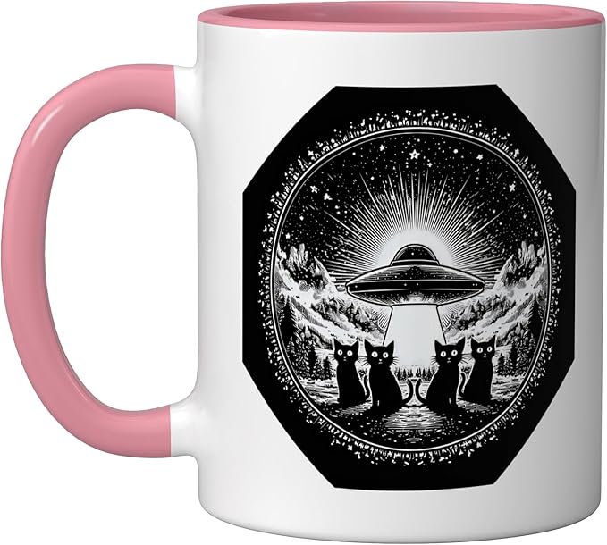 Retro UFO Cats Vintage Sci Fi Space Stary Sky Design Ceramic Mug, Pink/White