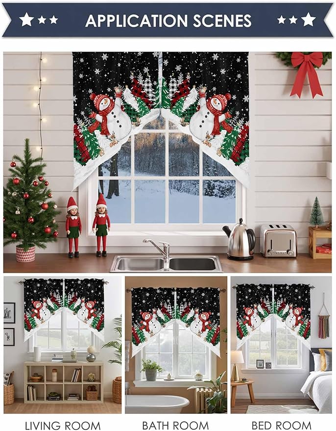 Christmas Snowman Swag Valance Curains Winter Xmas Tree Snowflakes Black Rod Pocket Kitchen Curtains Scalloped Window Treatment Valances Swag for Living Room Bedroom, 1 Pair, 28"W x 36"L