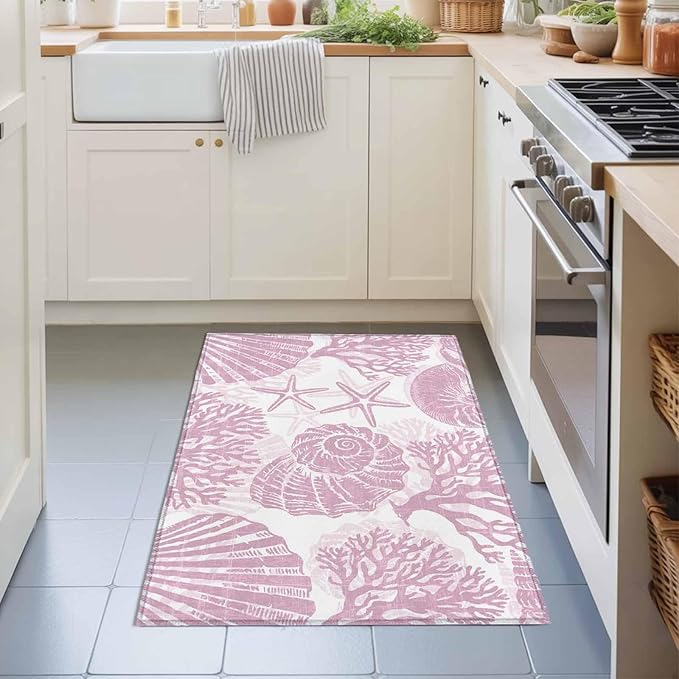 Area Rug 2x3ft, Watercolor Summer Marine Creature Washable Rugs for Living Room Bedroom, Pink Starfish Shell Conch Soft Non-Slip Area Rugs Rectangle Floor Carpet for Dining Room