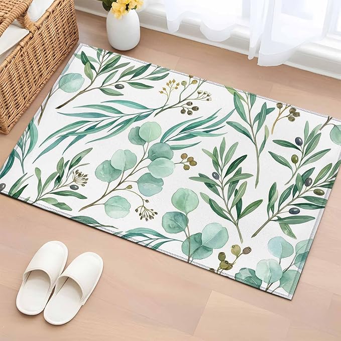 Area Rug 2x3ft, Watercolor Eucalyptus Leaves Washable Rugs for Living Room Bedroom, Spring Green Foliage Branch Soft Non-Slip Area Rugs Rectangle Floor Carpet for Dining Room