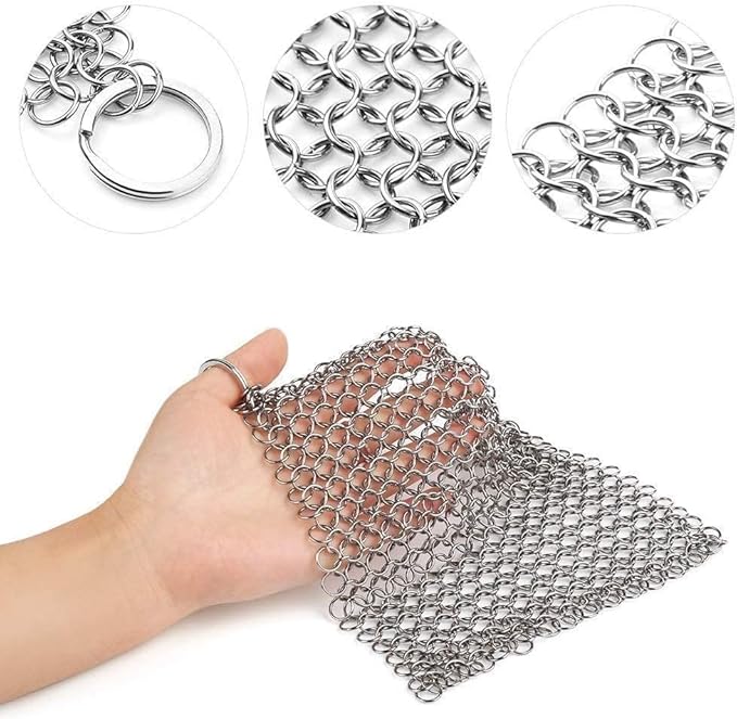 8"x6" Cast Iron Scrubber Stainless Steel Chainmail Cleaner for Pre-Seasoned Pans, Griddles, BBQ Grill and Pot Cookware Cleaning