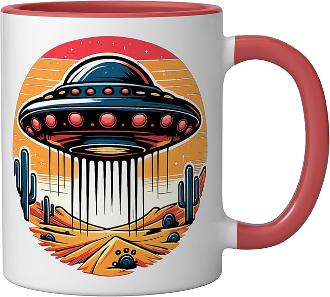Retro UFO Desert Abduction Scene | Vintage Sci-Fi Ceramic Mug, Red/White