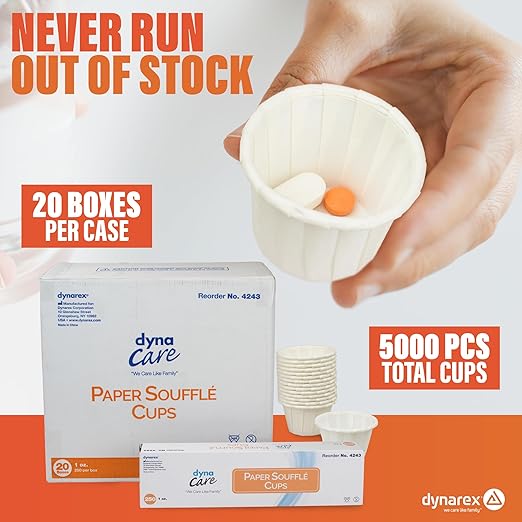 Dynarex Paper Medicine Cups - 1 oz Disposable Souffle Cups for Pills & Meds - Small Paper Cups with Tightly Rolled Edges, Box Pleats - for Hospitals, Patient Care, Home Use - 250 per Box, 20 Boxes