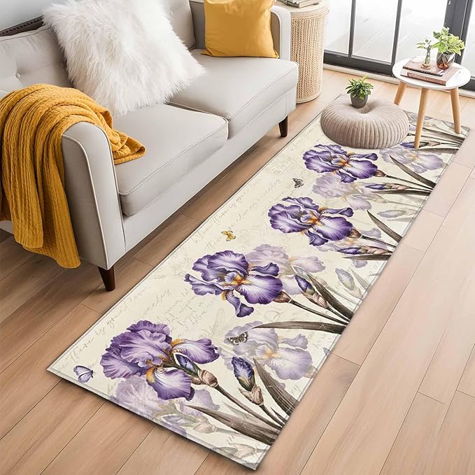 Runner Rug for Bedroom Hallway, Pastoral Purple Flower Watercolor Kitchen Runner Rugs Area Rug 2x6ft, Country Botanical Butterflies Washable Soft Floor Carpet for Entryway Stair