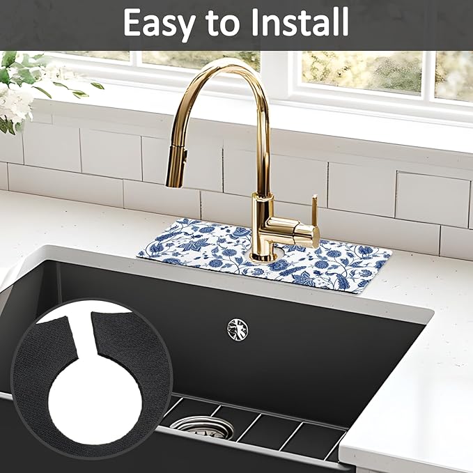 15" X 5.5" Kitchen Sink Splash Guard Faucet Mat Floral Super Absorbent Fast Drying Faucet Guard & Draining Mat Sink Splash Guard Behind Faucet for Kitchen, Bathroom