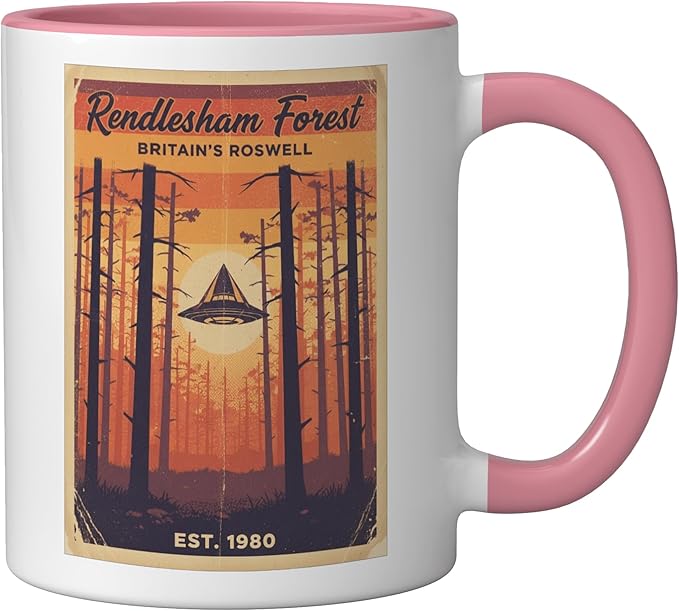 Rendlesham Forest UFO Alien Vintage UK Flying Saucer Ceramic Mug, Pink/White