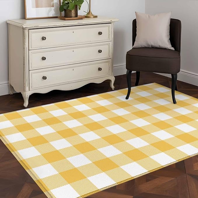 Area Rug 3x5ft, Rustic Country Yellow and White Buffalo Lattice Checked Washable Rugs for Living Room Bedroom, Farm Style Soft Non-Slip Area Rugs Rectangle Floor Carpet for Dining Room