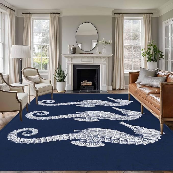 Area Rug 9x12ft, Ocean Life Seahorse Navy Blue Washable Rugs for Living Room Bedroom Rectangle Floor Carpet, Summer Nautical Theme Soft Non-Slip Area Rugs for Dining Room