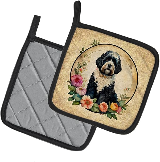Caroline's Treasures Portuguese Water Dog and Flowers Pair of Pot Holders Kitchen Heat Resistant Pot Holders Sets Oven Hot Pads for Cooking Baking BBQ, 7 1/2 x 7 1/2