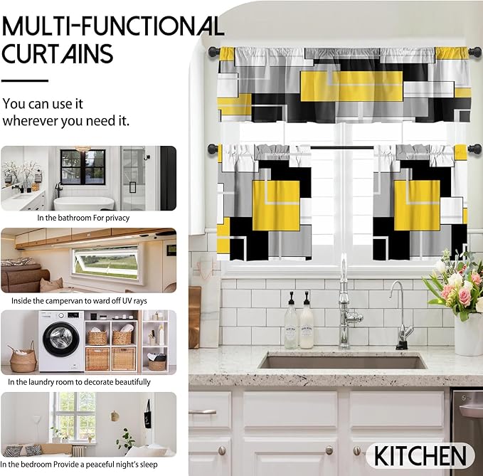 MCALK Yellow Blackout Kitchen Curtains Tiers and Valances Set 3 Piece for Windows Gold Geometric Modern Art Kitchen Window Curtains Set,Grey and Black Valances for Living Room(36" Tiers Set)