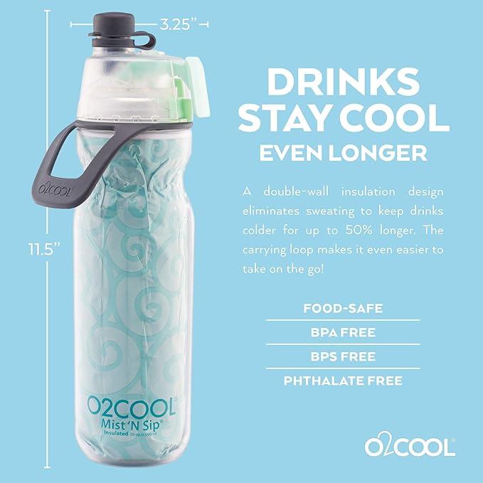 O2COOL Mist 'N Sip Misting Water Bottle 2-in-1 Mist And Sip Function With No Leak Pull Top Spout Reusable Sports Water Bottle - 20 oz (Yoga Mint)