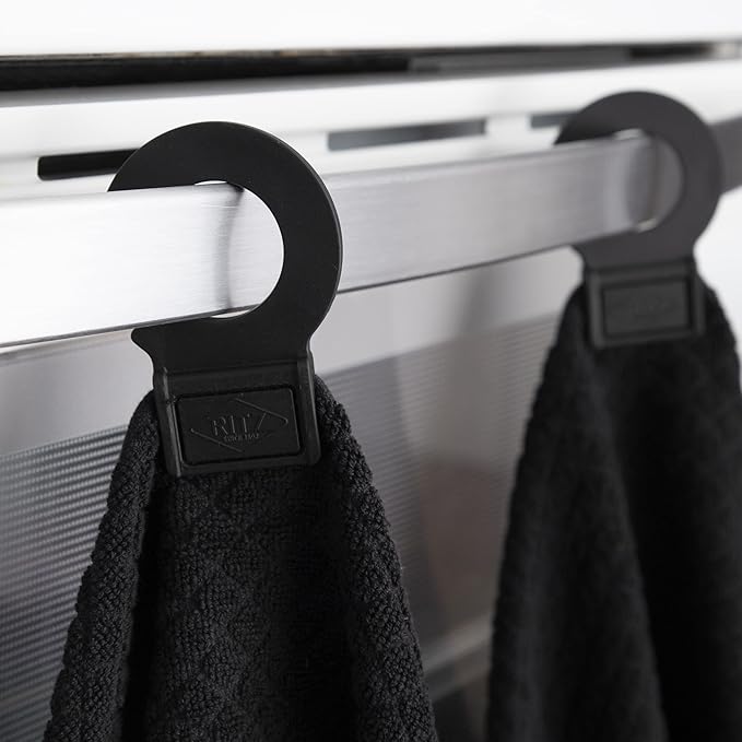 Ritz Premium Hook and Hang Towel, (2-Pack), 18" x 28", Long-Lasting Durable Rubber Hook, Highly Absorbent Super Soft Hand Cloths for Kitchen, Bathroom, Laundry Room, Black