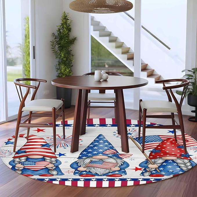 Washable Round Area Rug Independence Day USA Flag Star Dwarf Circle Rugs Floor Carpet for Living Room Bedroom, Stripes on Wood Grain Soft Non Slip Round Rug 5ft