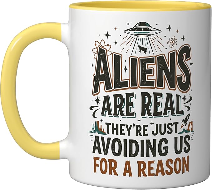 Aliens UFO Space Sci Fi Believer Extraterrestrial Ceramic Mug, Yellow/White