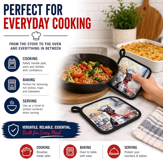 Caroline's Treasures Doberman Pinscher The Chef Pair of Pot Holders Kitchen Heat Resistant Pot Holders Sets Oven Hot Pads for Cooking Baking BBQ, 7 1/2 x 7 1/2