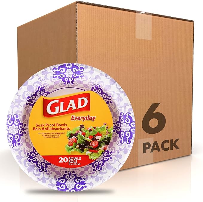 Glad Round Disposable Paper Bowls, Purple Victorian Design - Heavy Duty, Soak-Proof, Cut-Resistant, Microwavable Paper Bowls for All Foods and Daily Use, 12 oz, 20 Count - 6 Pack