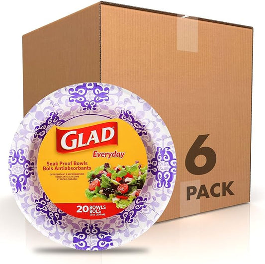 Glad Round Disposable Paper Bowls, Purple Victorian Design - Heavy Duty, Soak-Proof, Cut-Resistant, Microwavable Paper Bowls for All Foods and Daily Use, 12 oz, 20 Count - 6 Pack