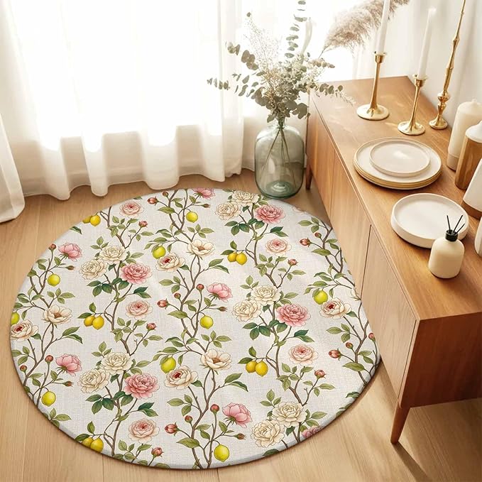 Washable Round Area Rug Farmhouse Blossom Flower Leaf Lemon Circle Rugs Floor Carpet for Living Room Bedroom, Summer Retro Floral Fruit Soft Non Slip Round Rug 3ft