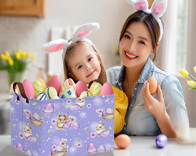 Large Rectangular Easter Baskets Empty Waterproof Boy Toy Box Foldable Kid's Gifts Storage Bin Spring Room Decor(Purple Fireworks Rabbit Egg)