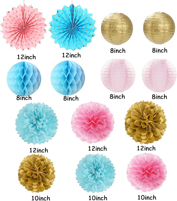 OURUOLA Pink Blue-Gold Party-Decorations Streamers Lanterns - 14pcs Gender Reveal Boy or Girl Birthday Paper Lanterns Fan,Tissue Pom Poms Streamer, Honeycomb Balls Decor