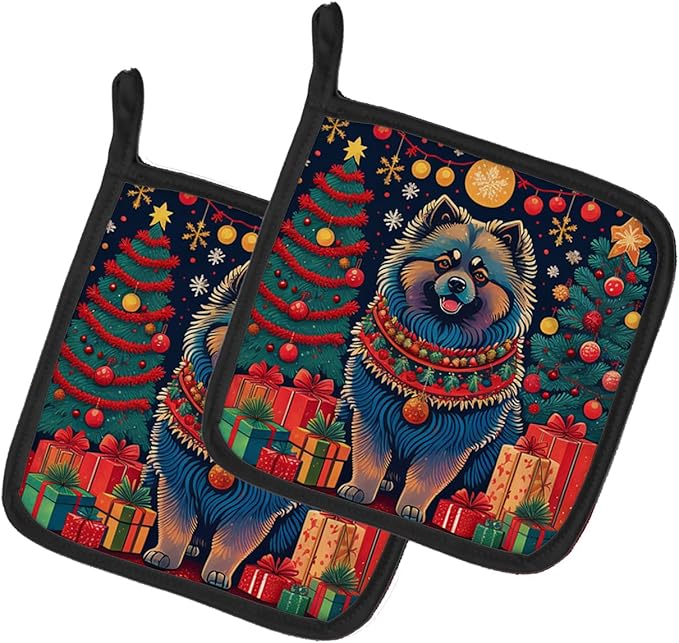 Caroline's Treasures Keeshond Christmas Pair of Pot Holders Kitchen Heat Resistant Pot Holders Sets Oven Hot Pads for Cooking Baking BBQ, 7 1/2 x 7 1/2