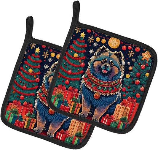 Caroline's Treasures Keeshond Christmas Pair of Pot Holders Kitchen Heat Resistant Pot Holders Sets Oven Hot Pads for Cooking Baking BBQ, 7 1/2 x 7 1/2