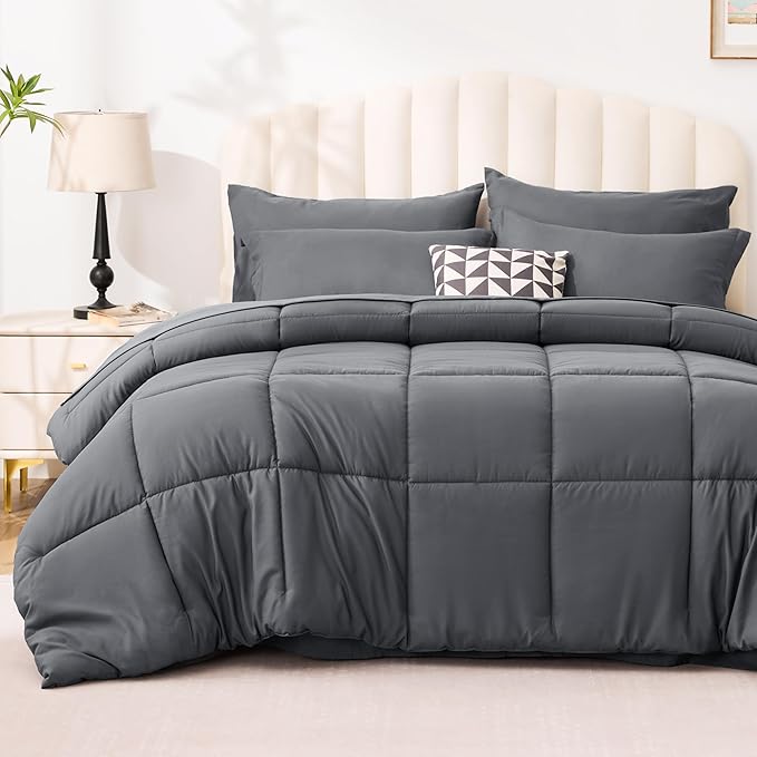 Love's cabin California King Comforter Set Soot Grey, 7 Pieces California King Bed in a Bag, All Season Bedding Sets with 1 Comforter, 1 Flat Sheet, 1 Fitted Sheet, 2 Pillowcase and 2 Pillow Sham | Soft, Breathable, Lightweight, Comfortable