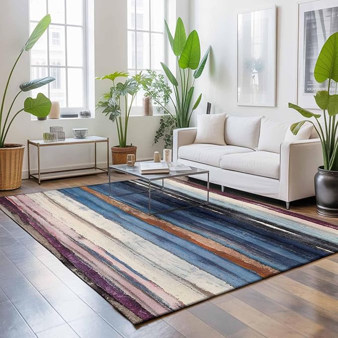 Area Rug 4x6ft, Modern Gradient Striped Art Washable Rugs for Living Room Bedroom, Retro Abstract Rustic Texture Soft Non-Slip Area Rugs Rectangle Floor Carpet for Dining Room