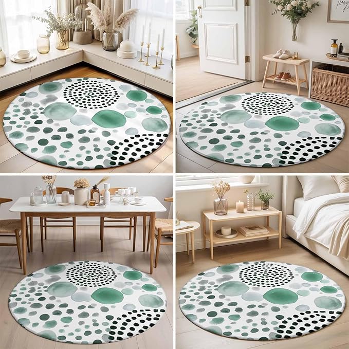Washable Round Area Rug Abstract Teal Circles Circle Rugs Floor Carpet for Living Room Bedroom, Sage Green Geometric Round Soft Non Slip Round Rug 5ft
