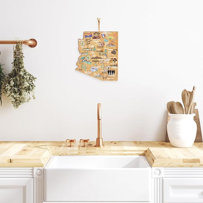 Totally Bamboo Arizona State Shaped Cutting Board and Charcuterie Serving Platter with Artwork by Fish Kiss, Includes Hang Tie for Wall Display