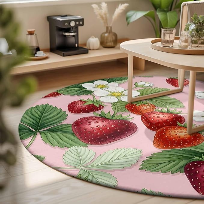 Washable Round Area Rug Summer Strawberry Bush on Pink Circle Rugs Floor Carpet for Living Room Bedroom, Forest Green Foliage Soft Non Slip Round Rug 3ft